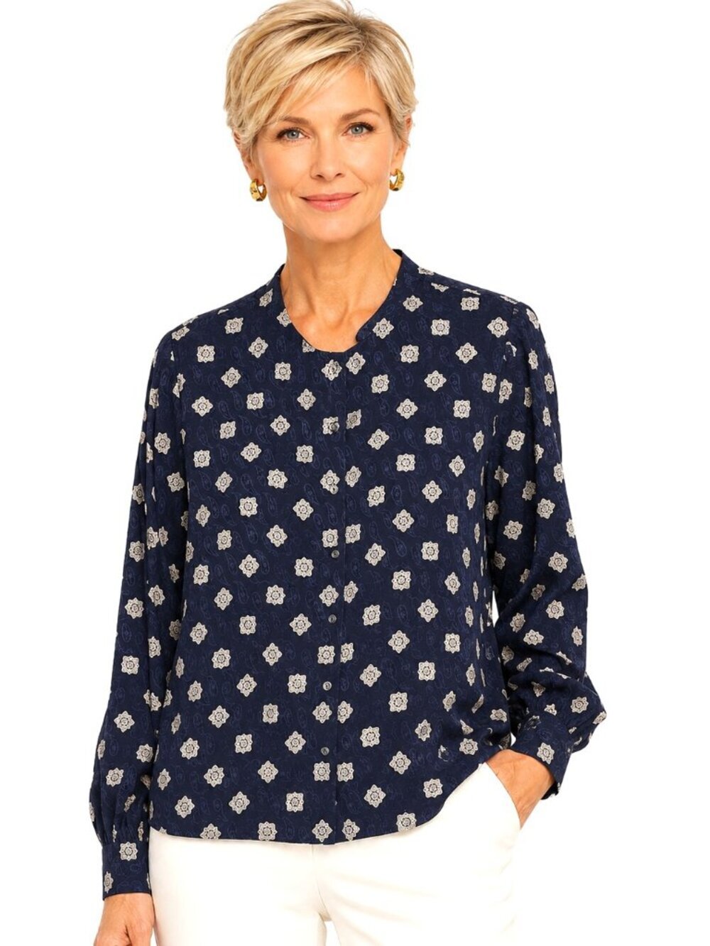 Vintage Geoffrey Alexander Private Agenda Navy Cream Silk Jacquard Blouse